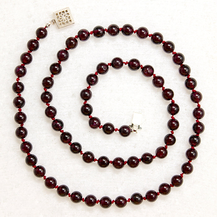 Round Garnet Beads on Scarlet Silk 21" Necklace