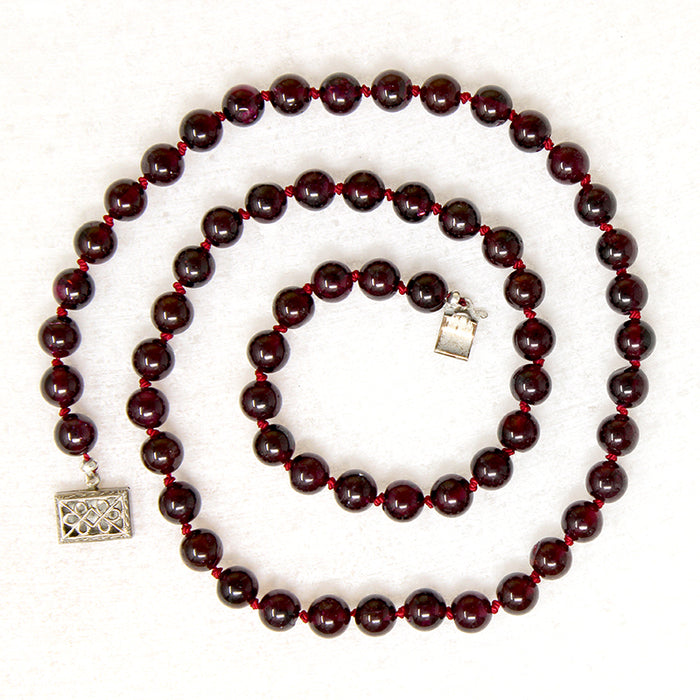 Vintage Garnet Beads on Red Silk 18" Necklace