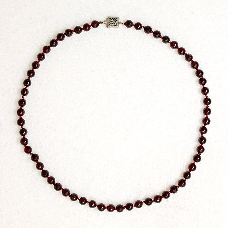 Rich Red Garnet Beads on Red Silk 17" Necklace