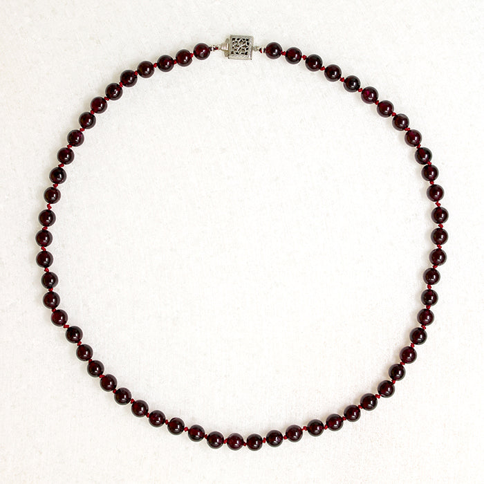Rich Red Garnet Beads on Red Silk 17" Necklace