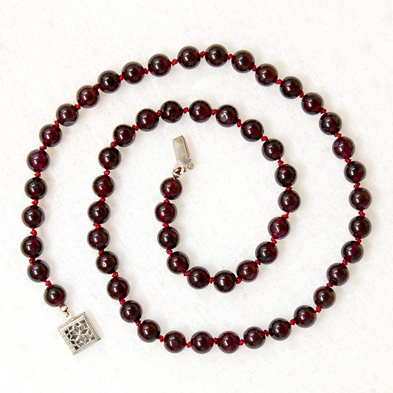 Rich Red Garnet Beads on Red Silk 17" Necklace
