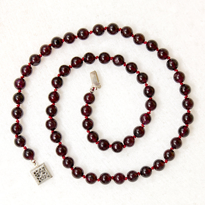 Rich Red Garnet Beads on Red Silk 17" Necklace