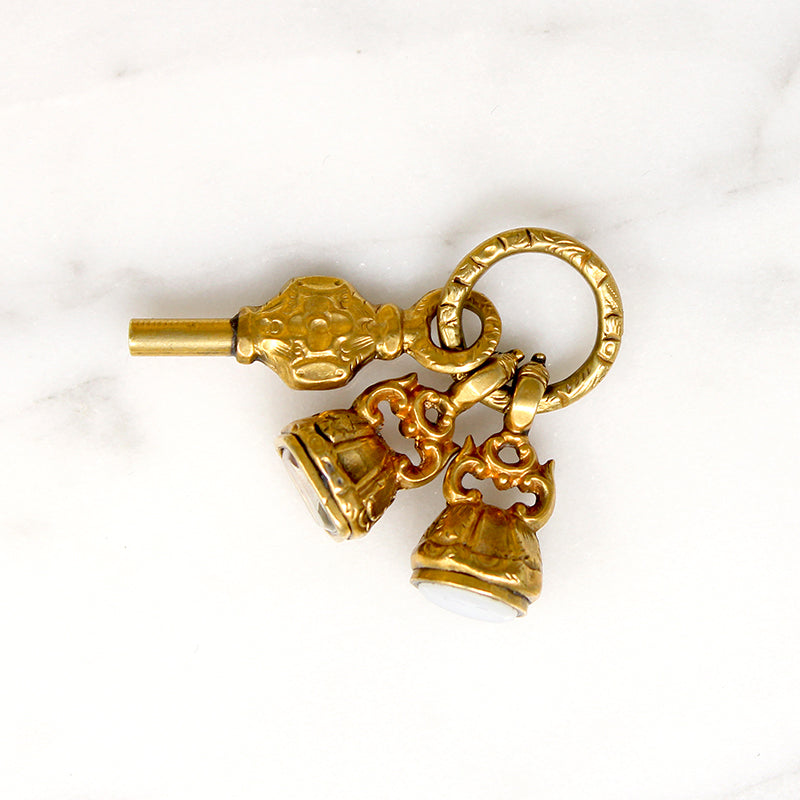 Georgian Pinchbeck Fobs & Watch Key on Split Ring