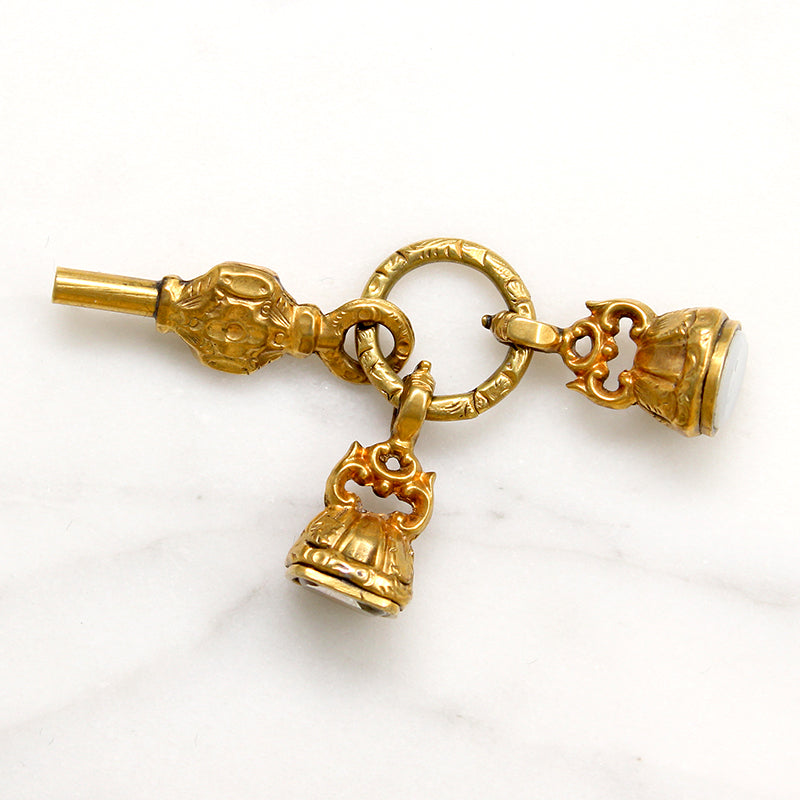 Georgian Pinchbeck Fobs & Watch Key on Split Ring