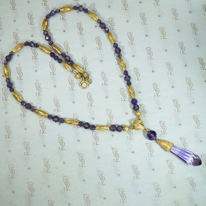 Regal Amethyst and Etruscan Revival Gold Necklace