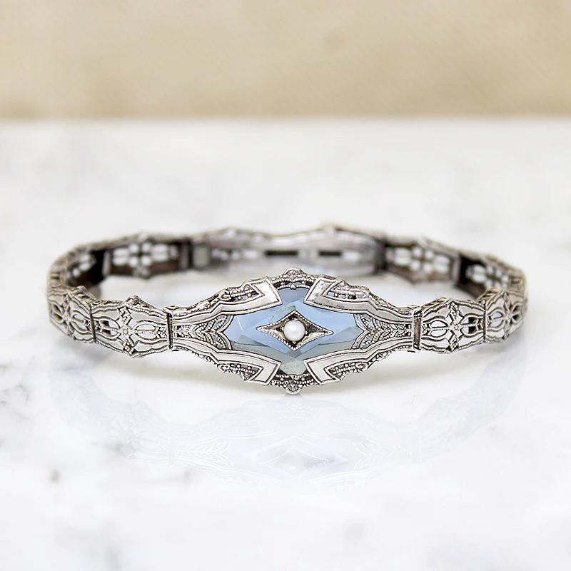 Romantic Blue Glass & Pearl Silver Filigree Bracelet