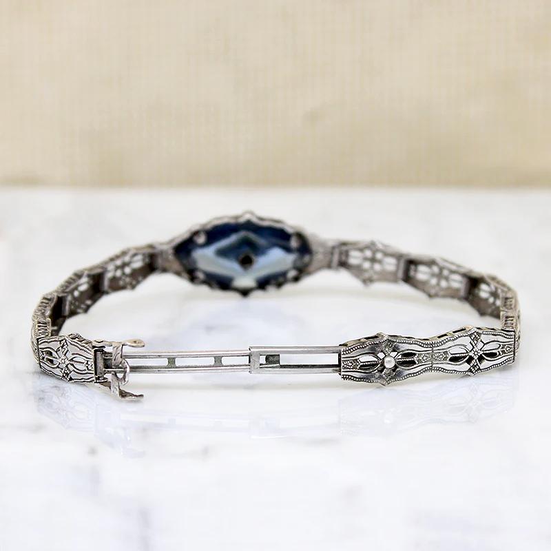 Romantic Blue Glass & Pearl Silver Filigree Bracelet