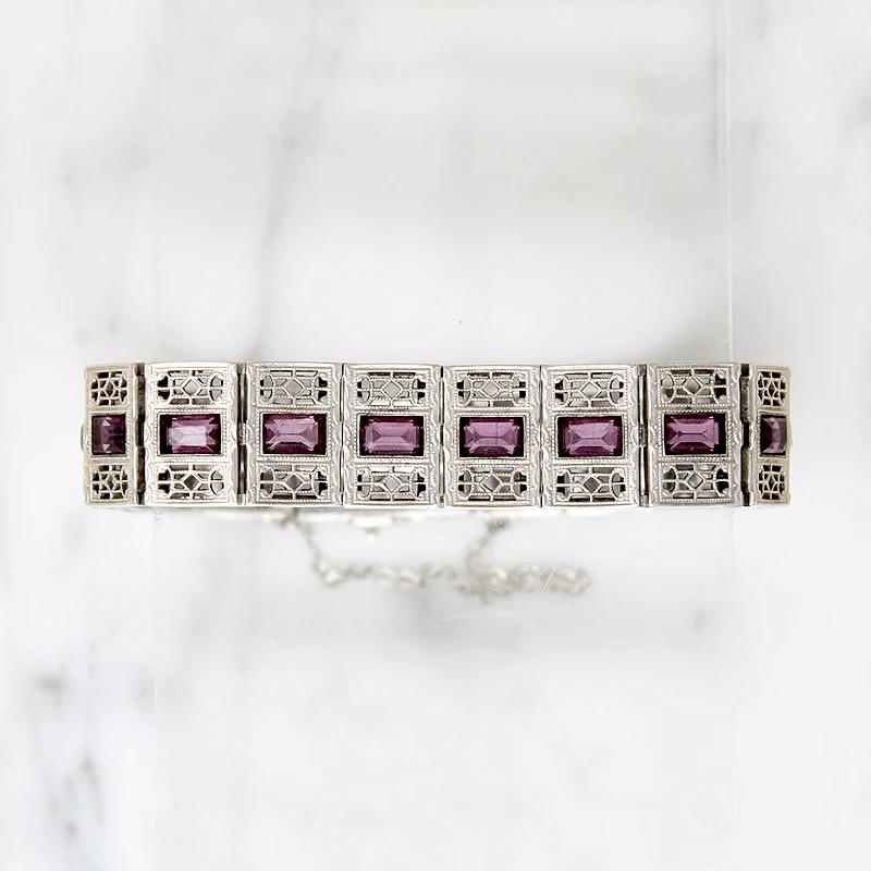 Wide Deco Line Bracelet in Sterling Filigree & Purple Baguettes
