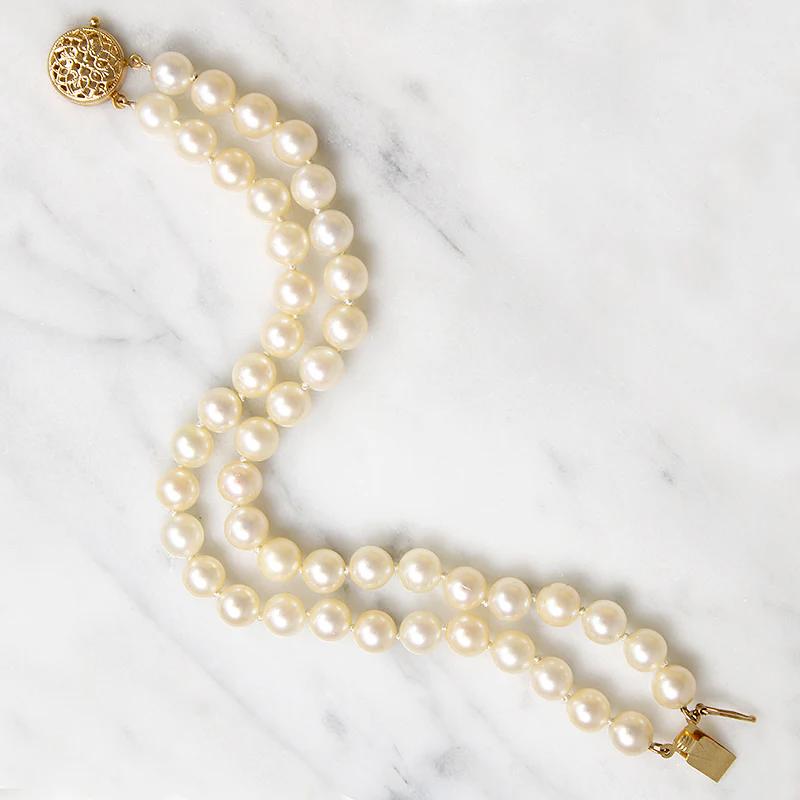 Two Strand Pearl Bracelet with Gold Filigree Clasp