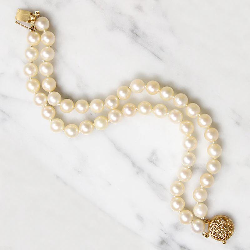 Two Strand Pearl Bracelet with Gold Filigree Clasp