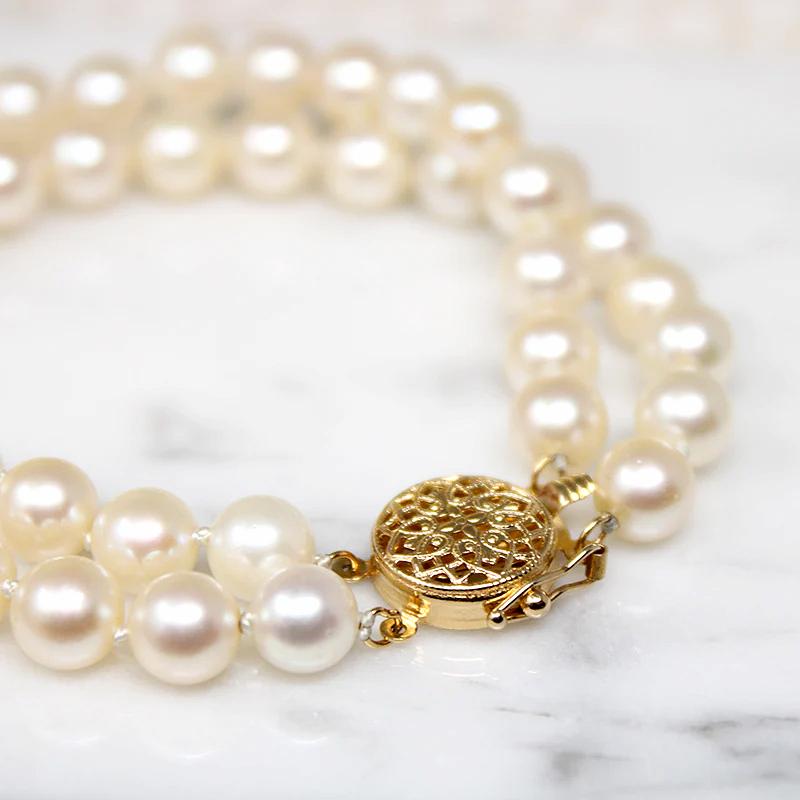 Two Strand Pearl Bracelet with Gold Filigree Clasp