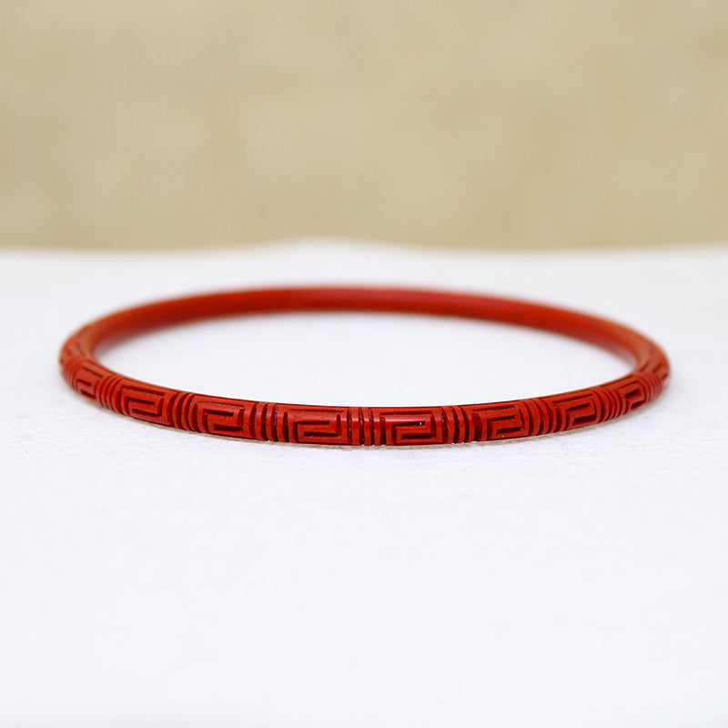 Slender Scarlet Cinnabar Bangle with Carved Meander 