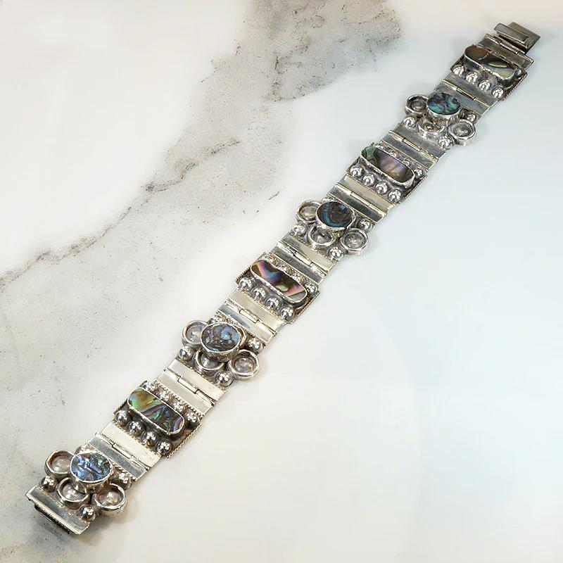 Fresh Floral Sterling & Abalone Inlay Panel Bracelet