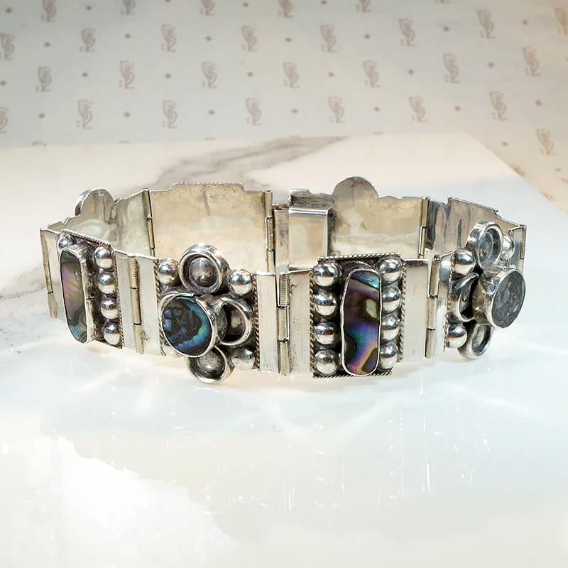 Fresh Floral Sterling & Abalone Inlay Panel Bracelet