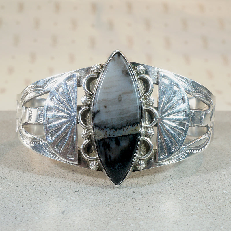 Gray & Black Agate in Embellished Sterling Cuff 