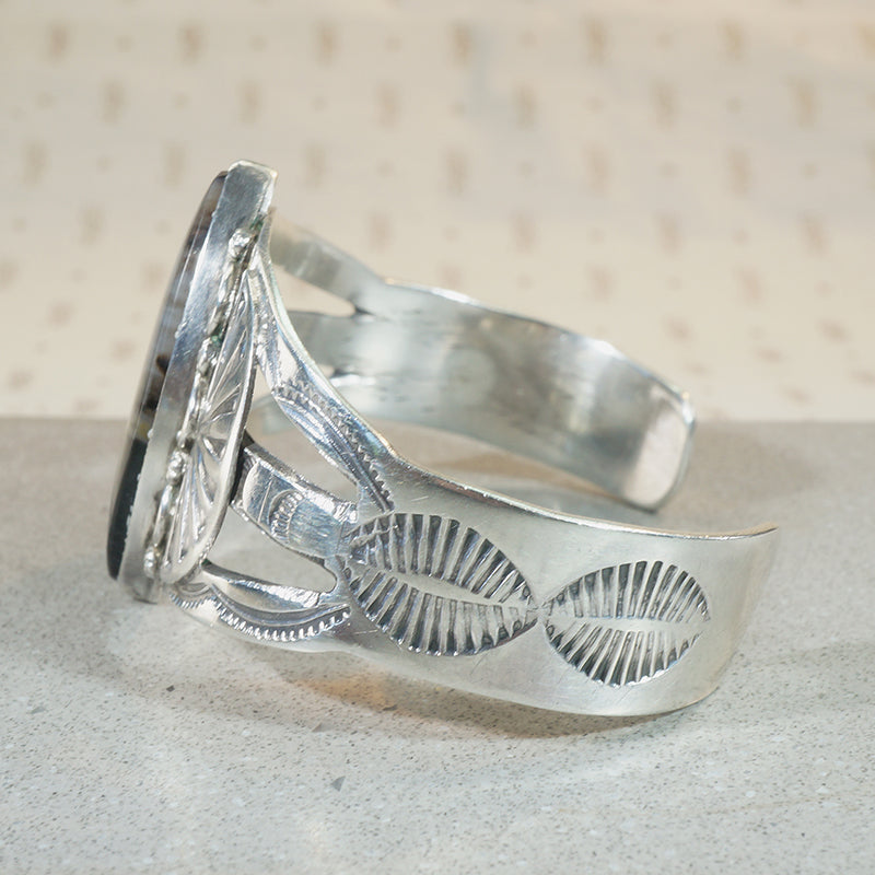 Gray & Black Agate in Embellished Sterling Cuff 