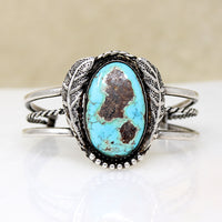 Dramatic Turquoise in Leafy Silver Cuff Bracelet