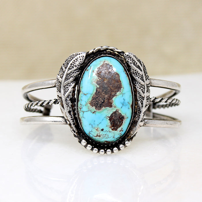 Dramatic Turquoise in Leafy Silver Cuff Bracelet