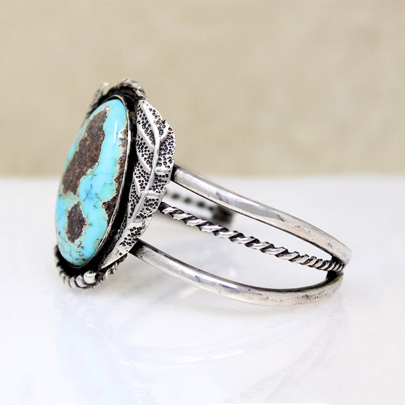 Dramatic Turquoise in Leafy Silver Cuff Bracelet