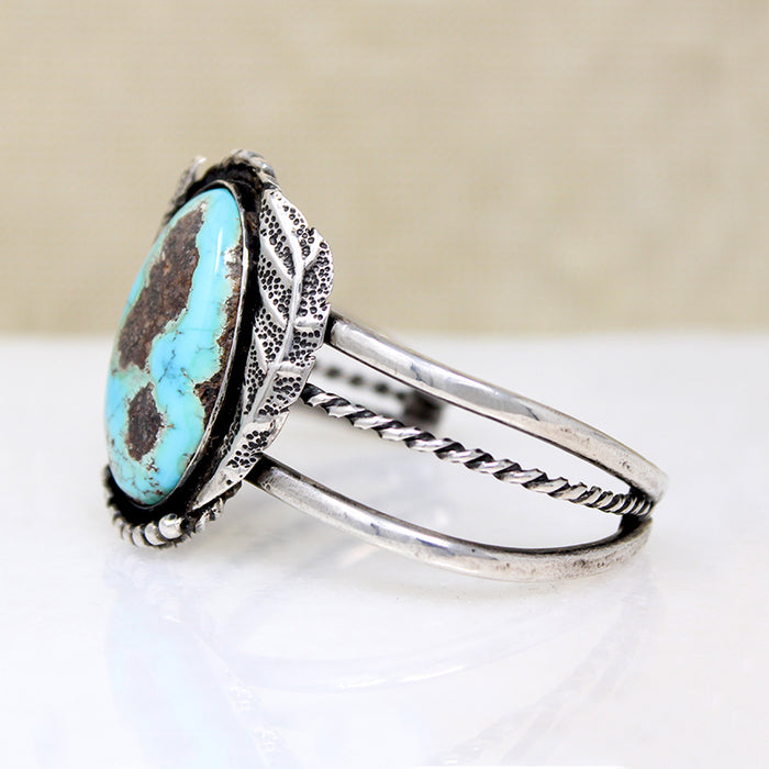 Dramatic Turquoise in Leafy Silver Cuff Bracelet