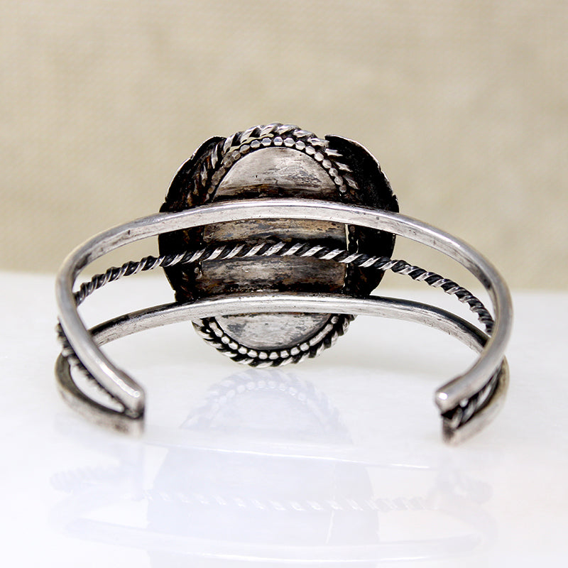 Dramatic Turquoise in Leafy Silver Cuff Bracelet