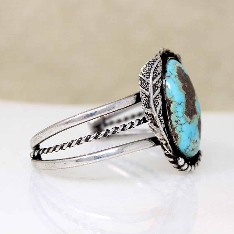 Dramatic Turquoise in Leafy Silver Cuff Bracelet