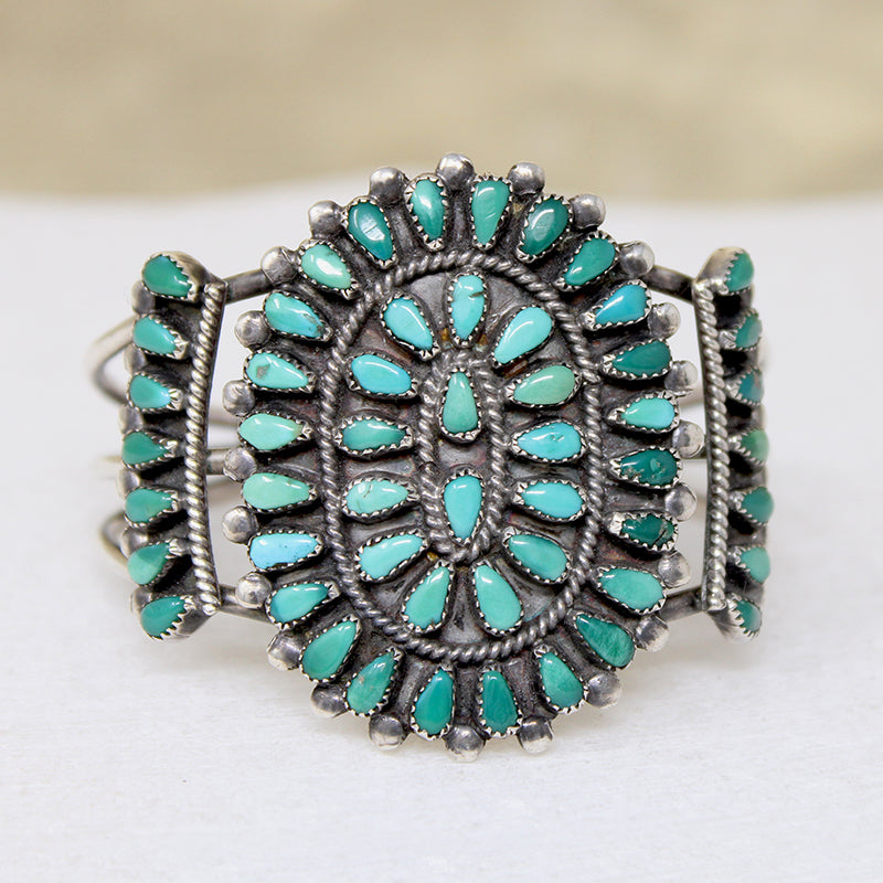 Zuni Turquoise Petit Point & Sterling Cuff Signed Wallace