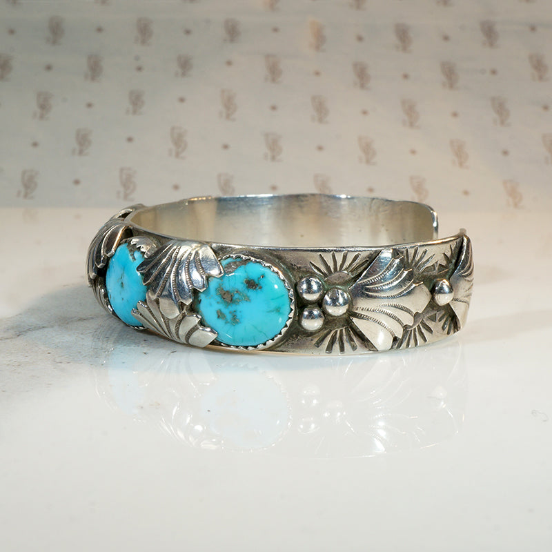 Signed Zuni Turquoise & Sterling Silver Cuff