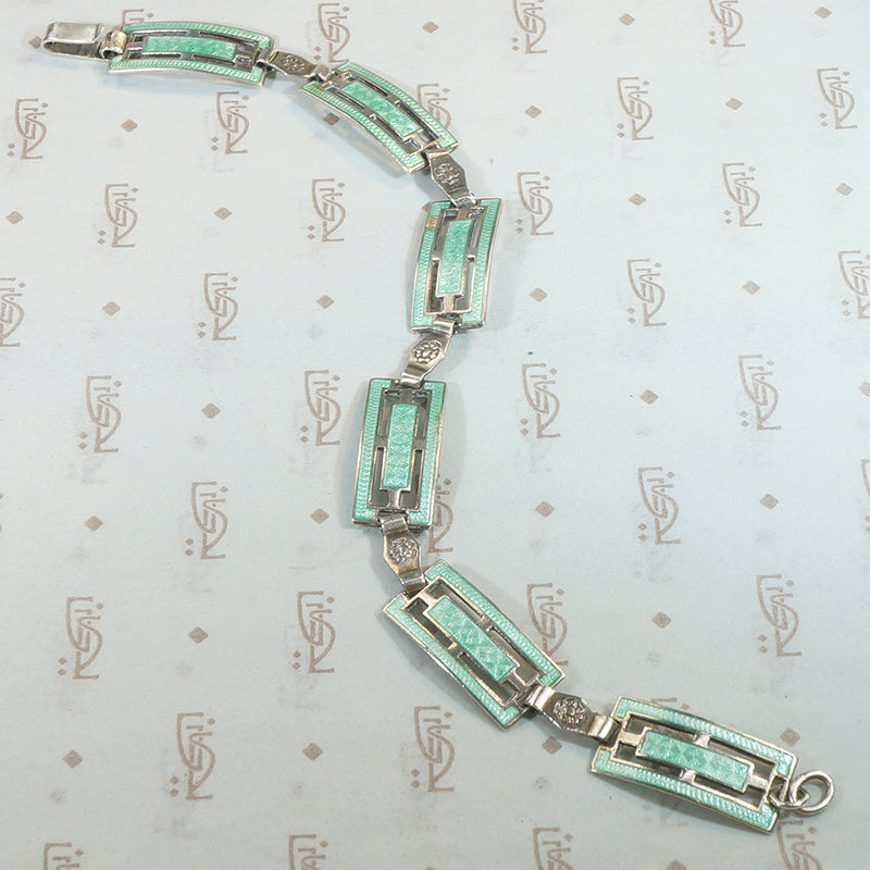 Pale Green Guilloché Enameled Silver Bracelet