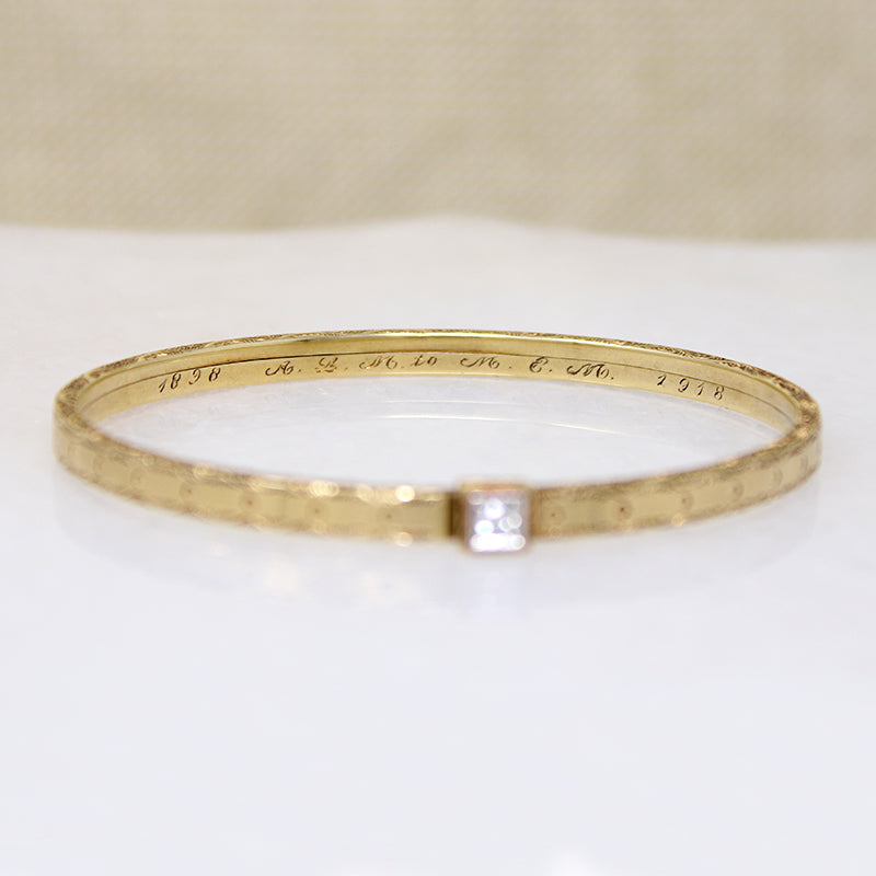 Engraved Gold Bangle Bracelet with Single Diamond