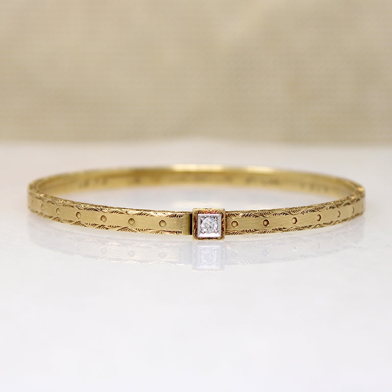 Engraved Gold Bangle Bracelet with Single Diamond