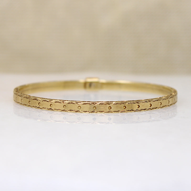 Engraved Gold Bangle Bracelet with Single Diamond