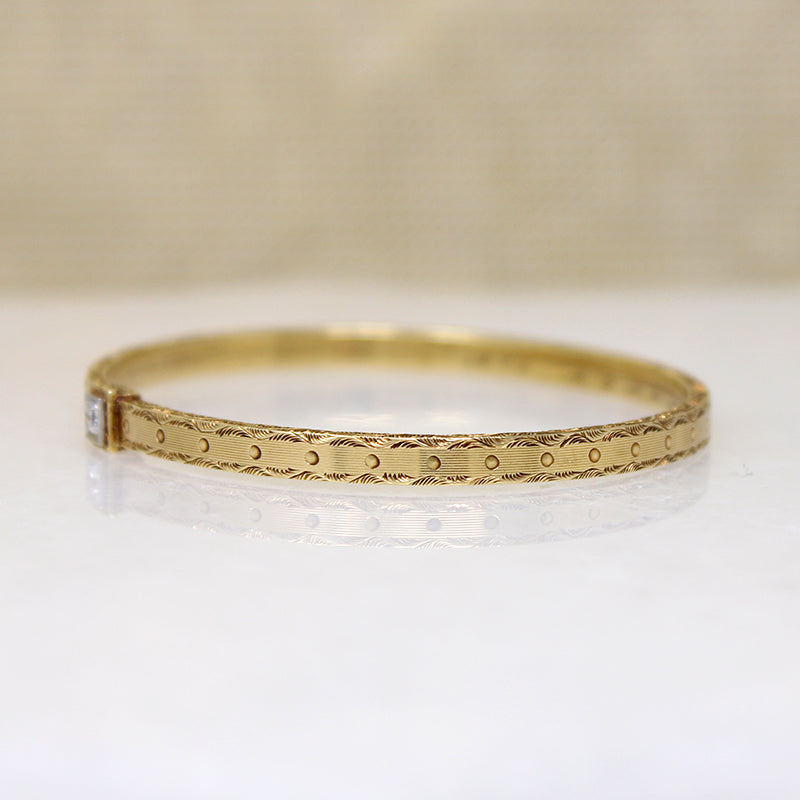 Engraved Gold Bangle Bracelet with Single Diamond