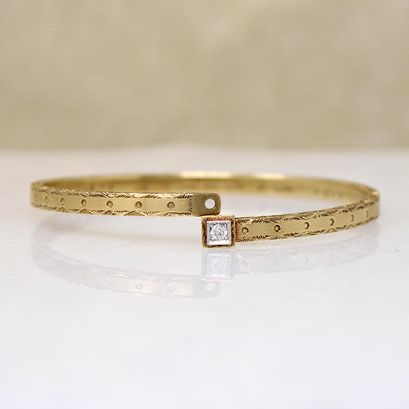 Engraved Gold Bangle Bracelet with Single Diamond