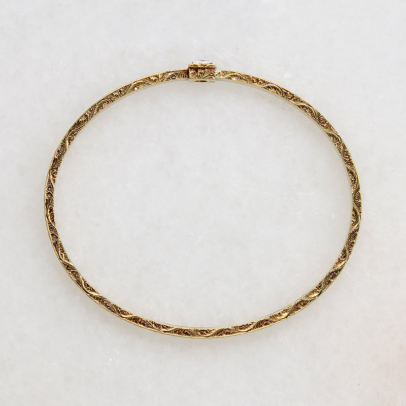 Engraved Gold Bangle Bracelet with Single Diamond