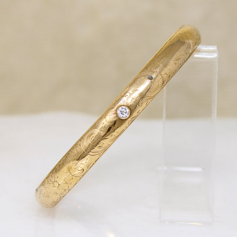 Shreve & Co Engraved Gold Bangle with Old Mine Cut Diamond