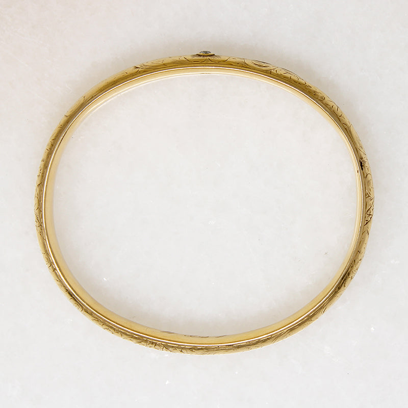 Shreve & Co Engraved Gold Bangle with Old Mine Cut Diamond