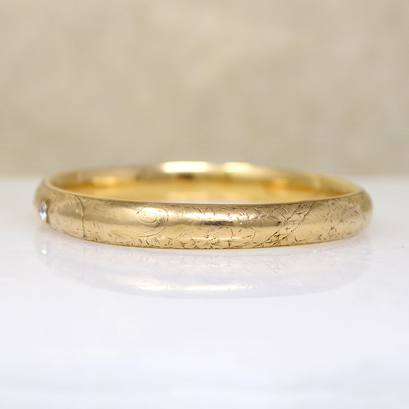 Shreve & Co Engraved Gold Bangle with Old Mine Cut Diamond