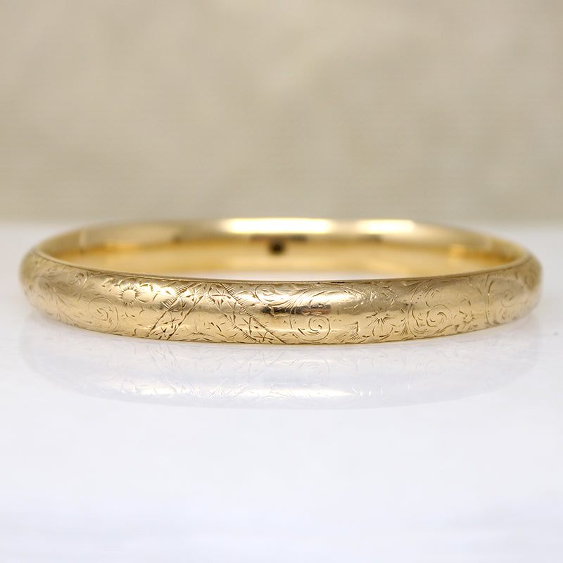 Shreve & Co Engraved Gold Bangle with Old Mine Cut Diamond