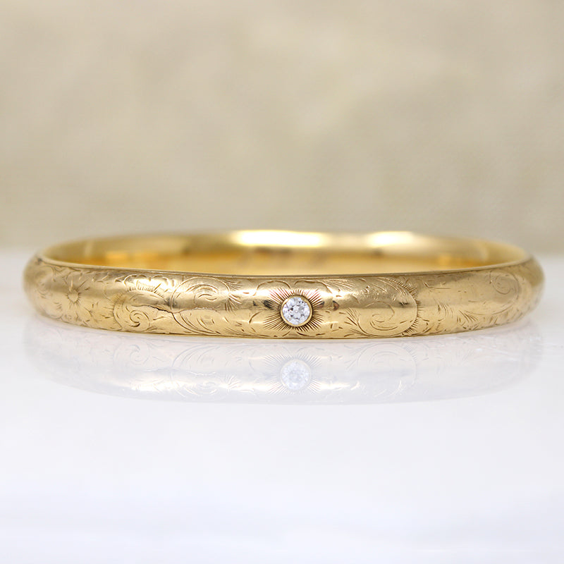 Shreve & Co Engraved Gold Bangle with Old Mine Cut Diamond