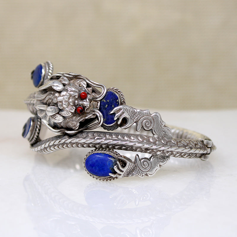 Sinuous Sterling Chinese Dragon Bangle with Lapis & Coral