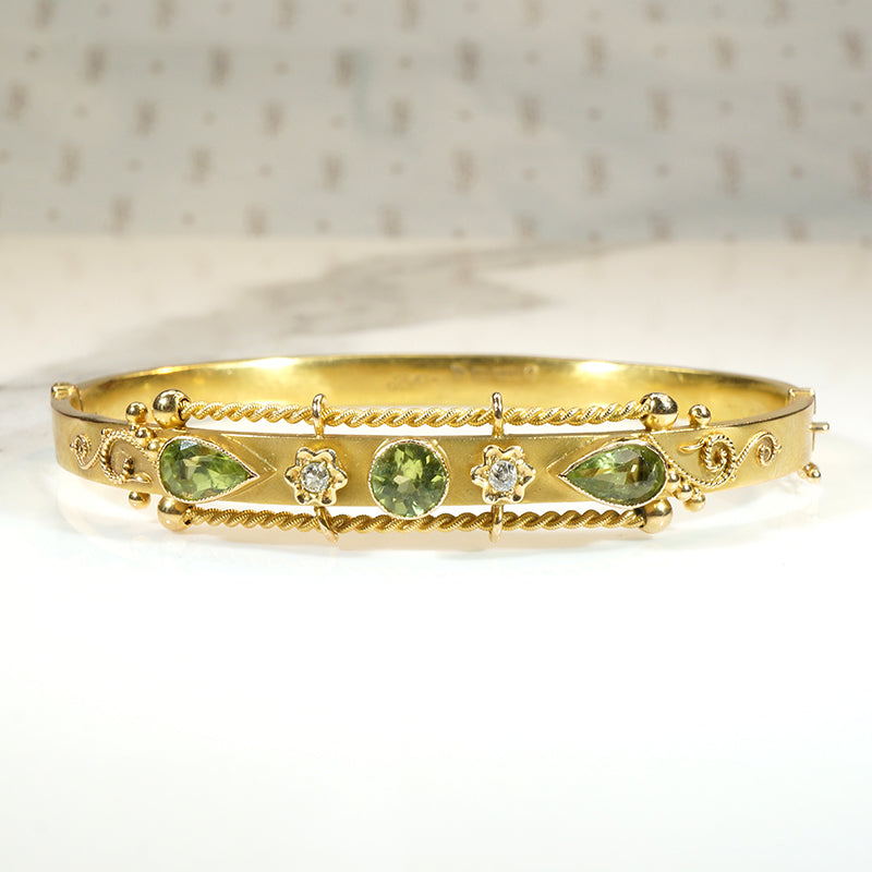 English 15ct Gold Bangle with Peridot & Diamonds