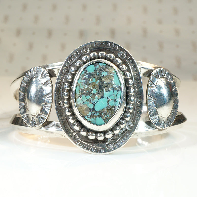 Dramatic 1950s Sterling & Turquoise Cuff Bracelet 