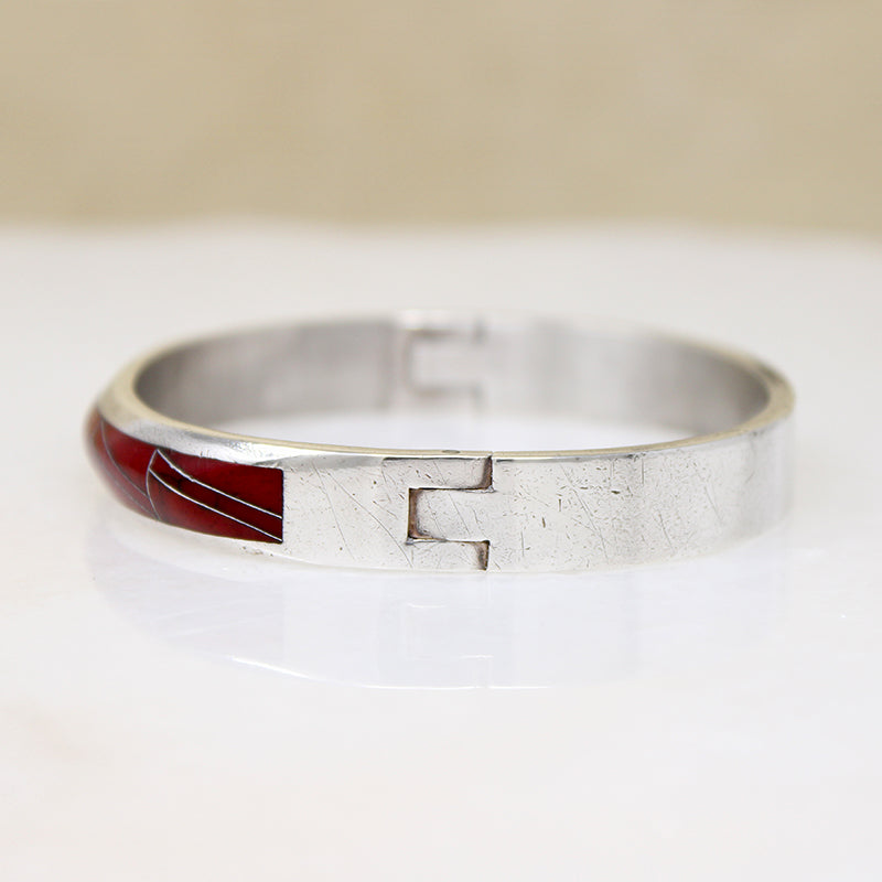 Substantial Mexican 950 Silver Bracelet with Red Inlay