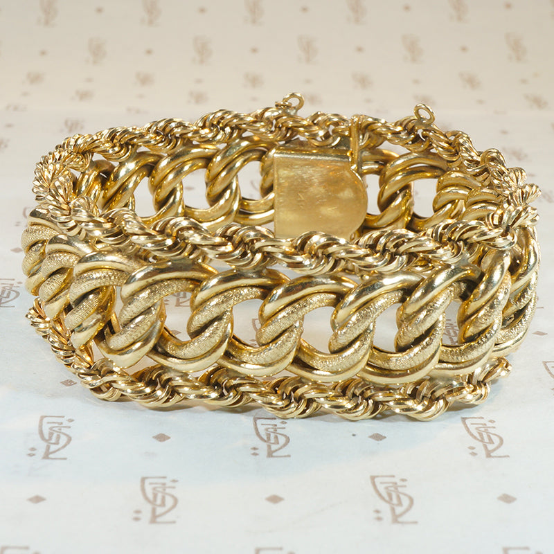 Heavy 14k Gold Curb & Rope Chain Bracelet