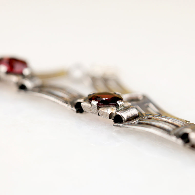 Architectural Art Deco Garnet & Sterling Bracelet