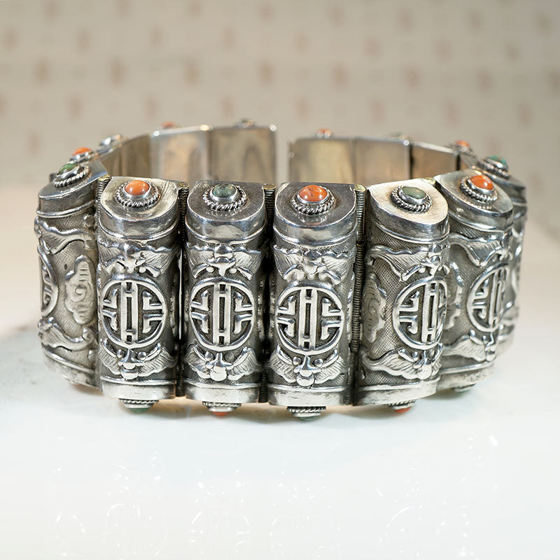 Auspicious Bat & Cloud Chinese Silver Bracelet 