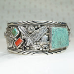 Navajo Eagle Cuff in Sterling with Turquoise & Coral