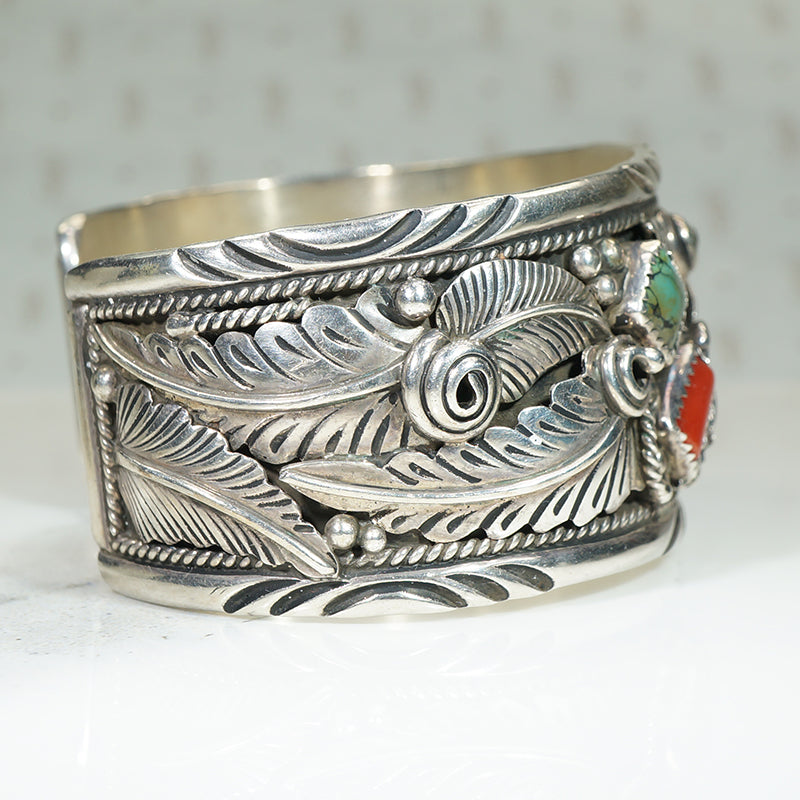 Navajo Eagle Cuff in Sterling with Turquoise & Coral