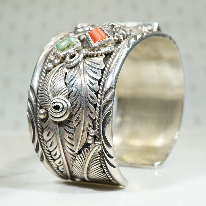 Navajo Eagle Cuff in Sterling with Turquoise & Coral